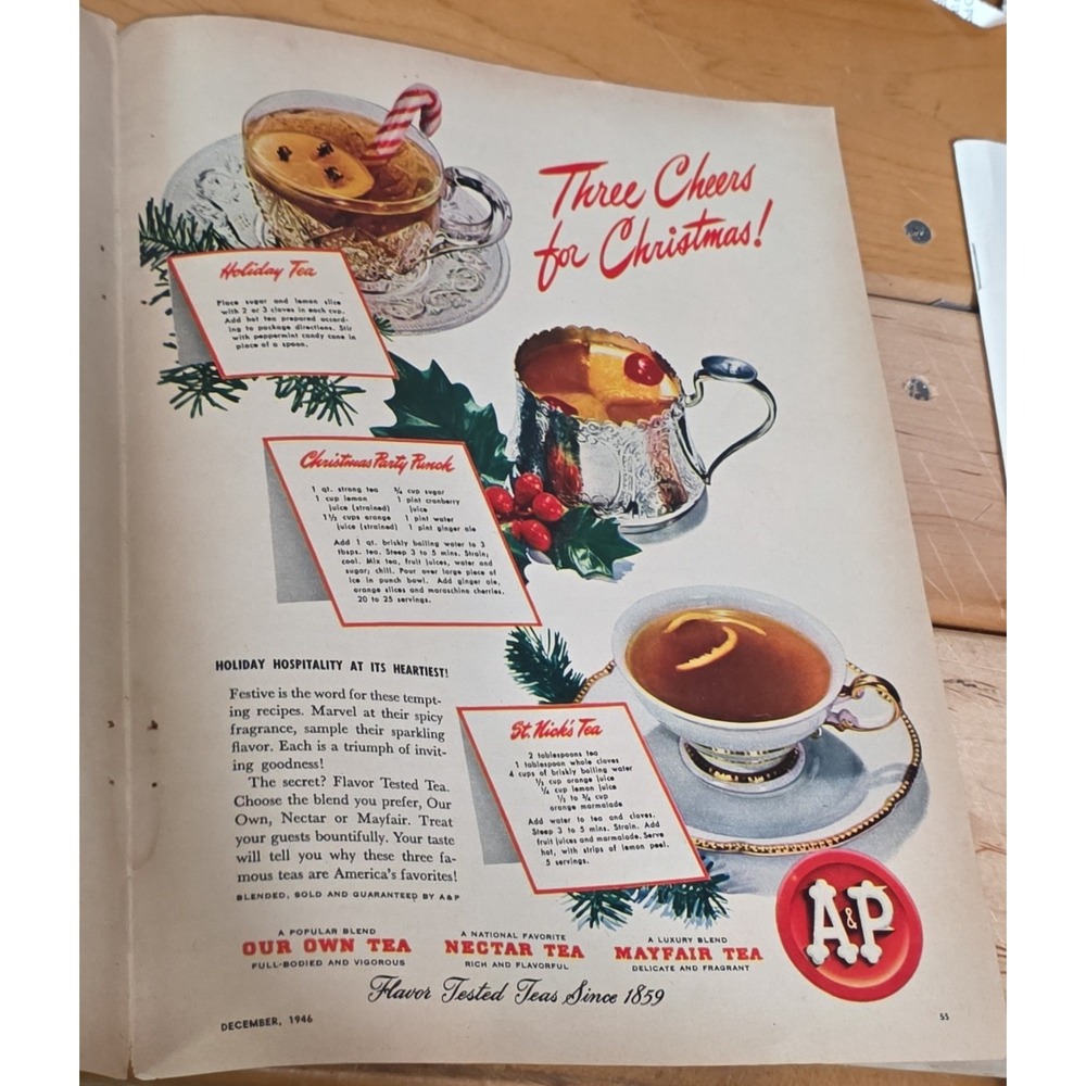 Vintage 1946 A&P Tea Christmas Print Ad Holiday Recipes Our Own Nectar Mayfair